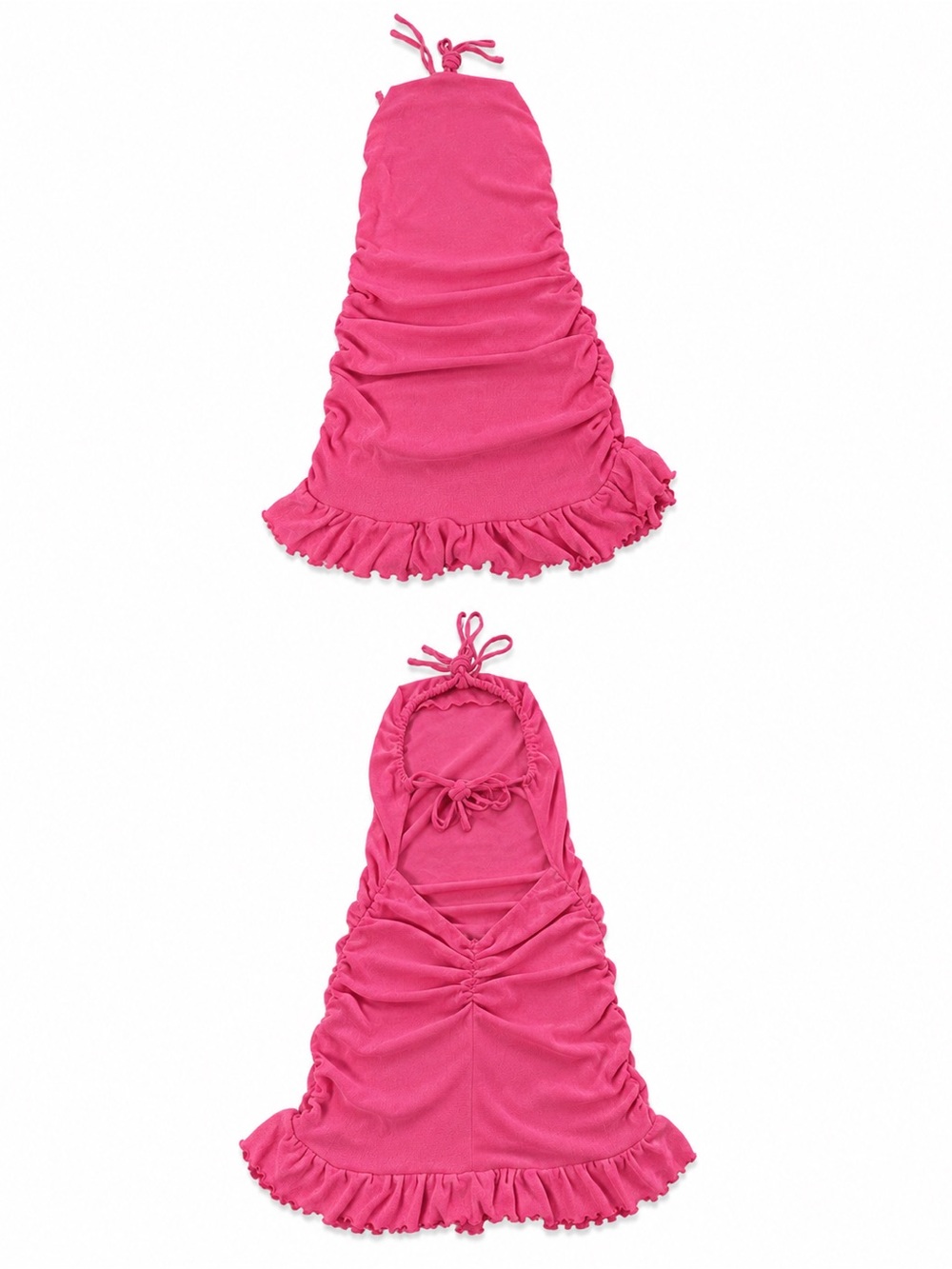 SHEIN Bright Pink Ruched Halter Mini Dress with Ruffle Hem